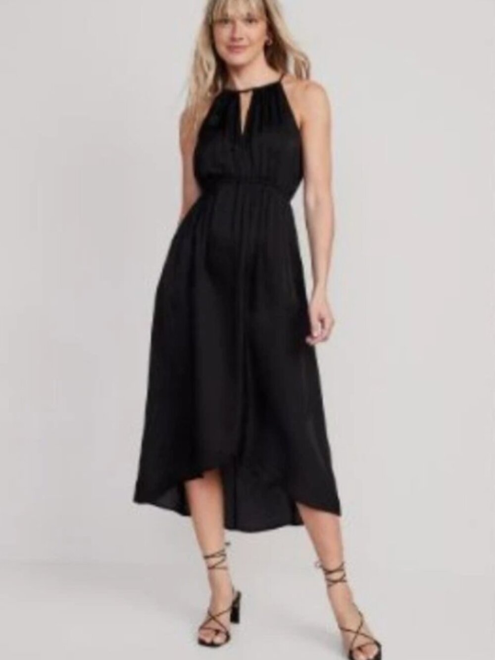 Old Navy Waist-Defined Halter Satin Maxi Black Dress Pockets NWT | Size M